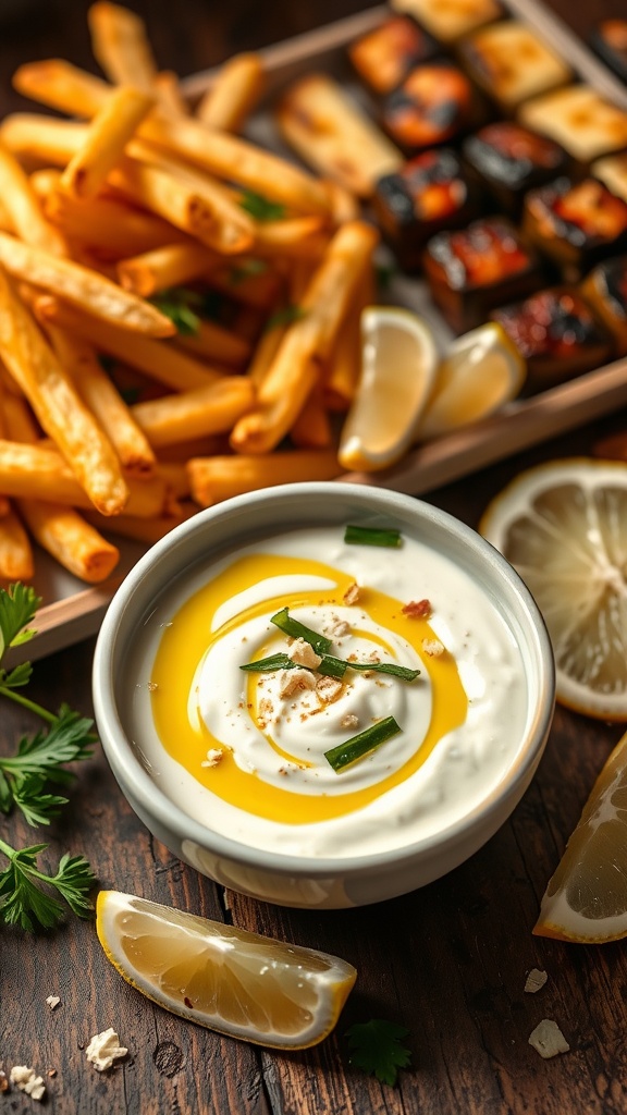A bowl of garlic aioli with olive oil and garlic, accompanied by fries and vegetables on a rustic table.